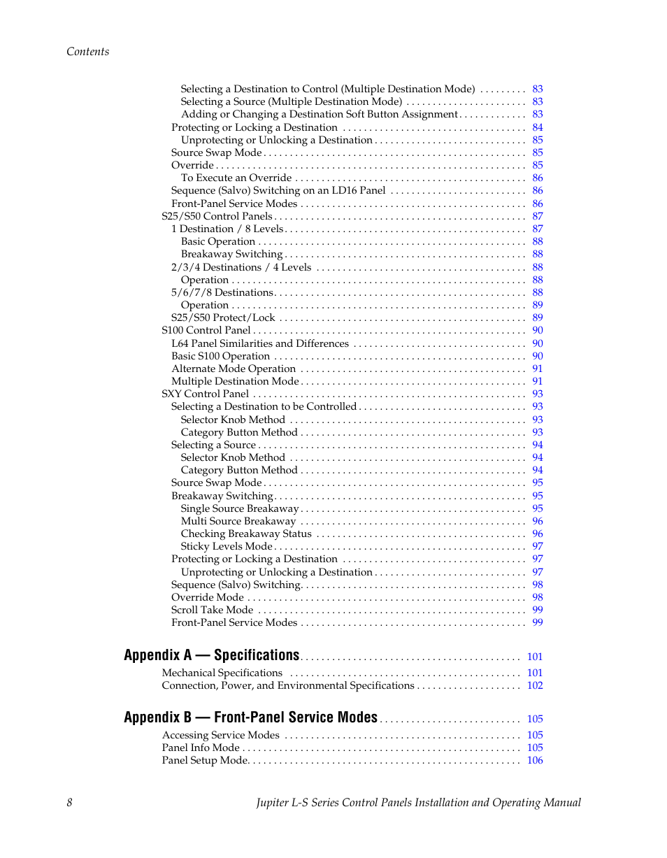 Appendix a — specifications, Appendix b — front-panel service modes | Grass Valley Jupiter v.1.0 User Manual | Page 8 / 124