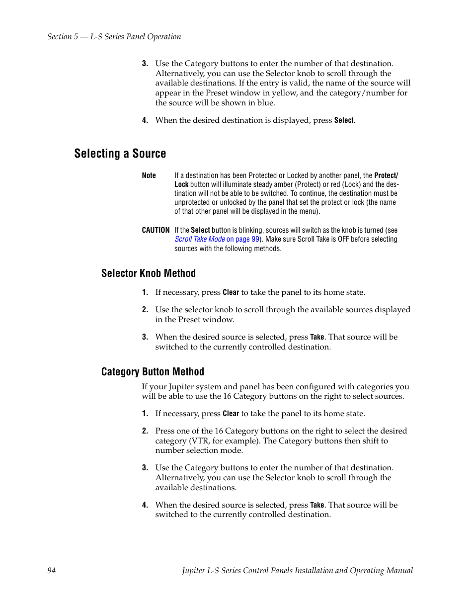 Selecting a source, Selector knob method, Category button method | Grass Valley Jupiter v.1.0 User Manual | Page 94 / 124