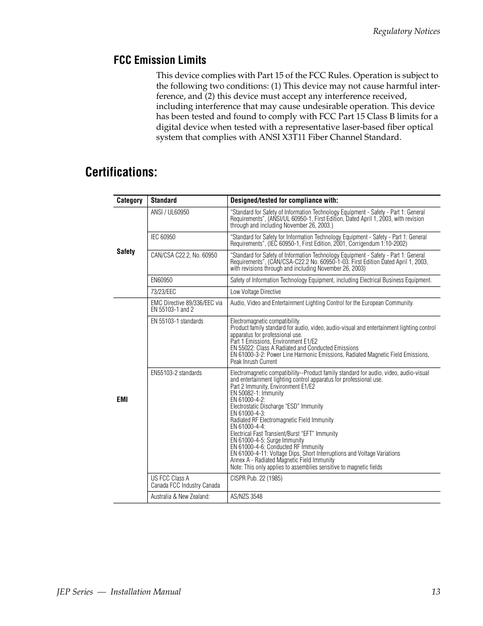 Fcc emission limits, Certifications | Grass Valley JEP Series v.1.3.0 User Manual | Page 13 / 88