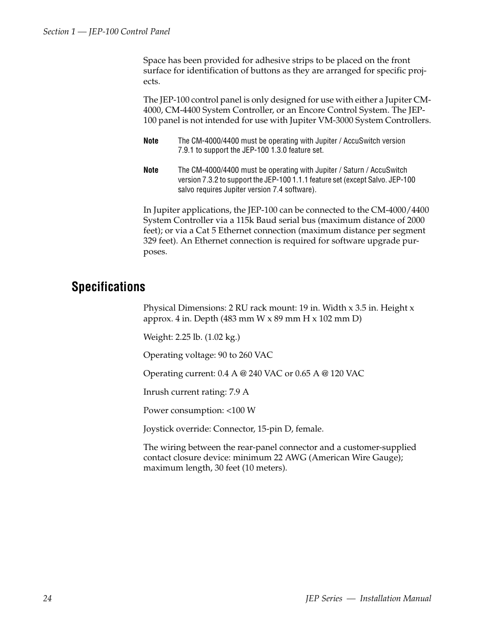 Specifications | Grass Valley JEP Series v.1.3.0 User Manual | Page 24 / 88