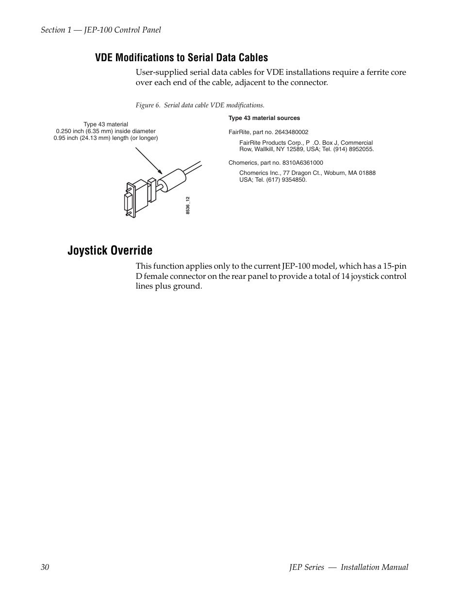 Vde modifications to serial data cables, Joystick override | Grass Valley JEP Series v.1.3.0 User Manual | Page 30 / 88
