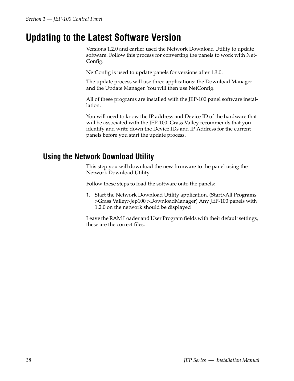 Updating to the latest software version, Using the network download utility | Grass Valley JEP Series v.1.3.0 User Manual | Page 38 / 88