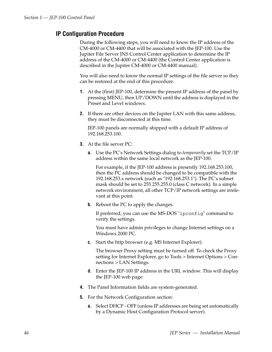 Ip configuration procedure | Grass Valley JEP Series v.1.3.0 User Manual | Page 46 / 88