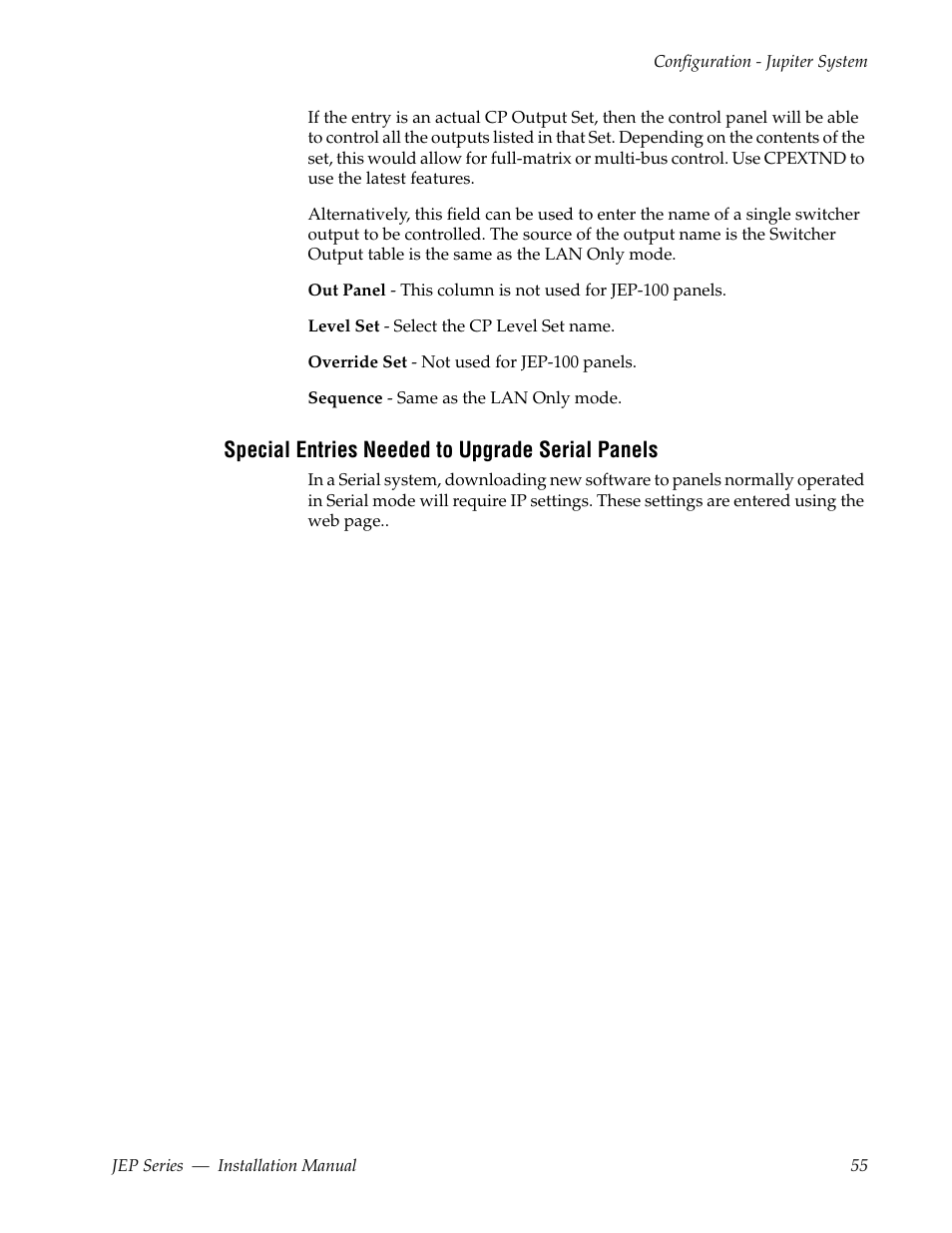 Special entries needed to upgrade serial panels | Grass Valley JEP Series v.1.3.0 User Manual | Page 55 / 88