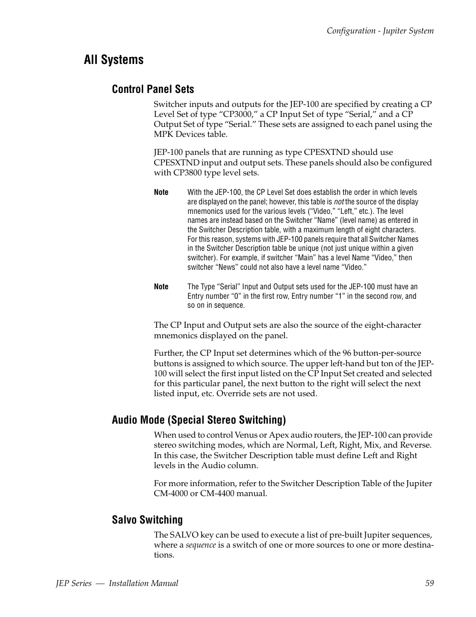 All systems, Control panel sets, Audio mode (special stereo switching) | Salvo switching | Grass Valley JEP Series v.1.3.0 User Manual | Page 59 / 88