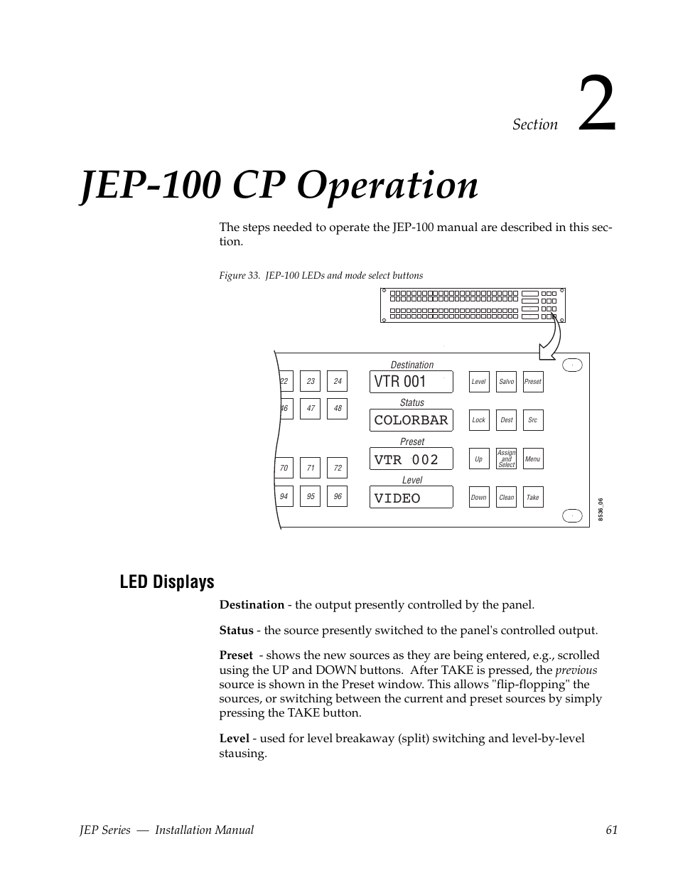 Jep-100 cp operation, Led displays, Section 2 — jep-100 cp operation | Grass Valley JEP Series v.1.3.0 User Manual | Page 61 / 88