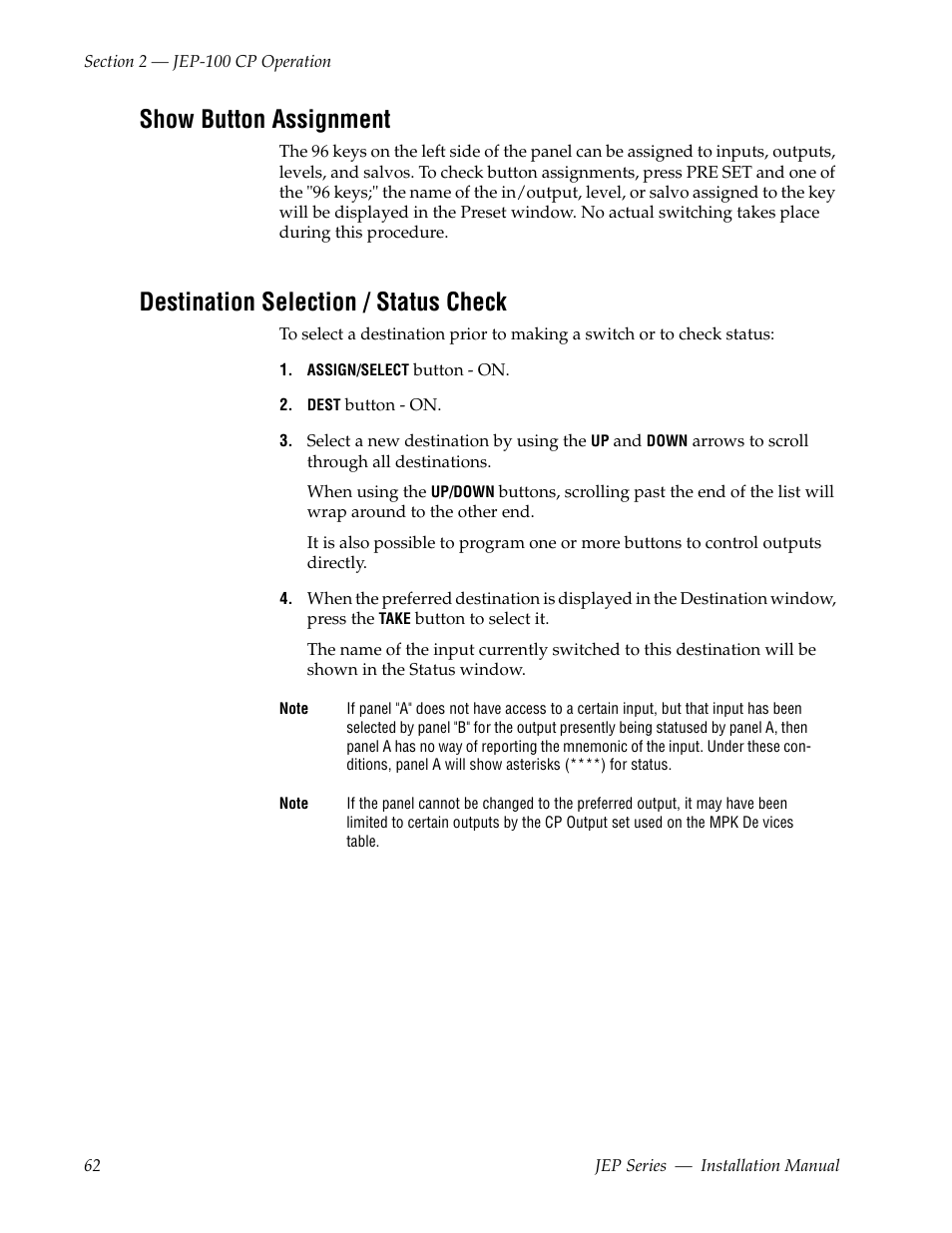 Show button assignment, Destination selection / status check | Grass Valley JEP Series v.1.3.0 User Manual | Page 62 / 88