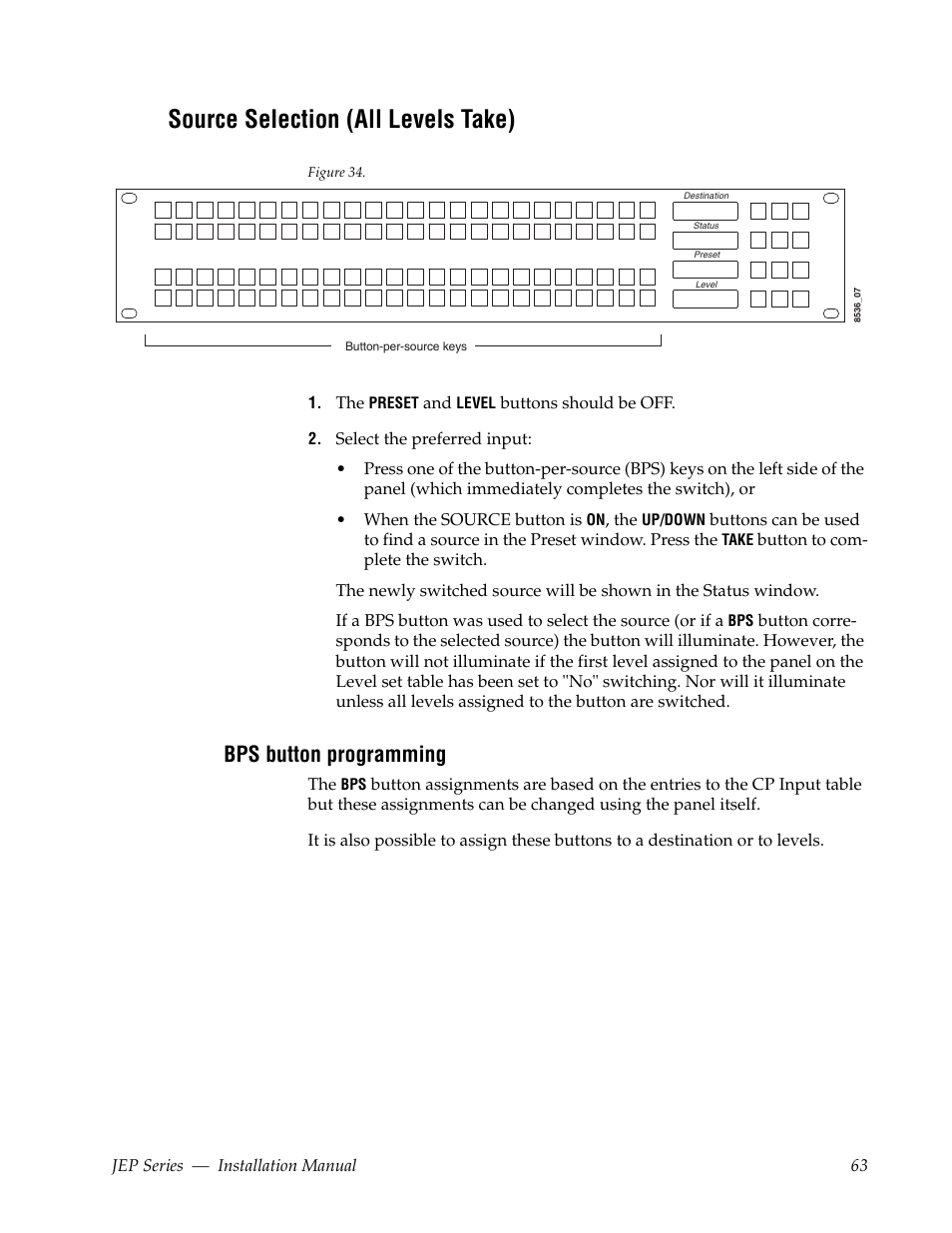 Source selection (all levels take), Bps button programming | Grass Valley JEP Series v.1.3.0 User Manual | Page 63 / 88
