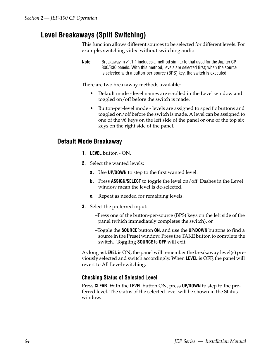 Level breakaways (split switching), Default mode breakaway | Grass Valley JEP Series v.1.3.0 User Manual | Page 64 / 88