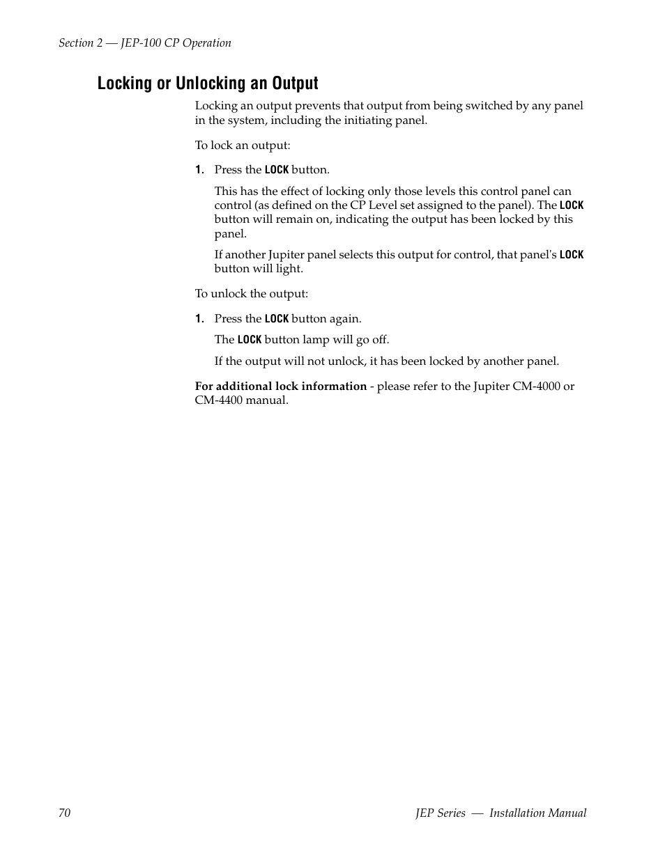 Locking or unlocking an output | Grass Valley JEP Series v.1.3.0 User Manual | Page 70 / 88