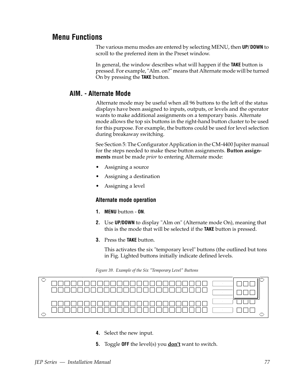Menu functions, Alm. - alternate mode | Grass Valley JEP Series v.1.3.0 User Manual | Page 77 / 88