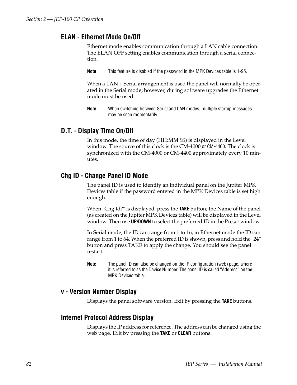 Elan - ethernet mode on/off, D.t. - display time on/off, Chg id - change panel id mode | V - version number display, Internet protocol address display | Grass Valley JEP Series v.1.3.0 User Manual | Page 82 / 88