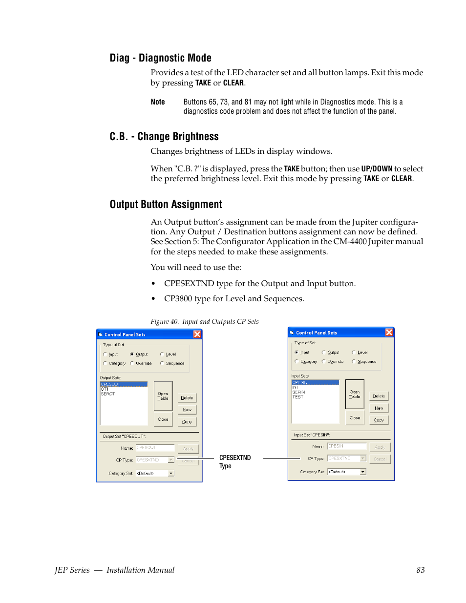 Diag - diagnostic mode, C.b. - change brightness, Output button assignment | Grass Valley JEP Series v.1.3.0 User Manual | Page 83 / 88