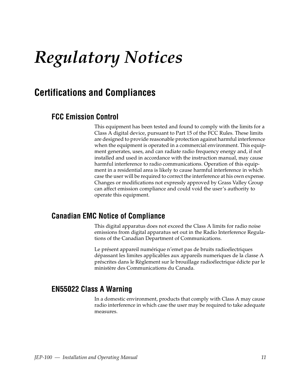 Regulatory notices, Certifications and compliances, Fcc emission control | Canadian emc notice of compliance, En55022 class a warning | Grass Valley JEP-100 v.1.2.0 User Manual | Page 13 / 80
