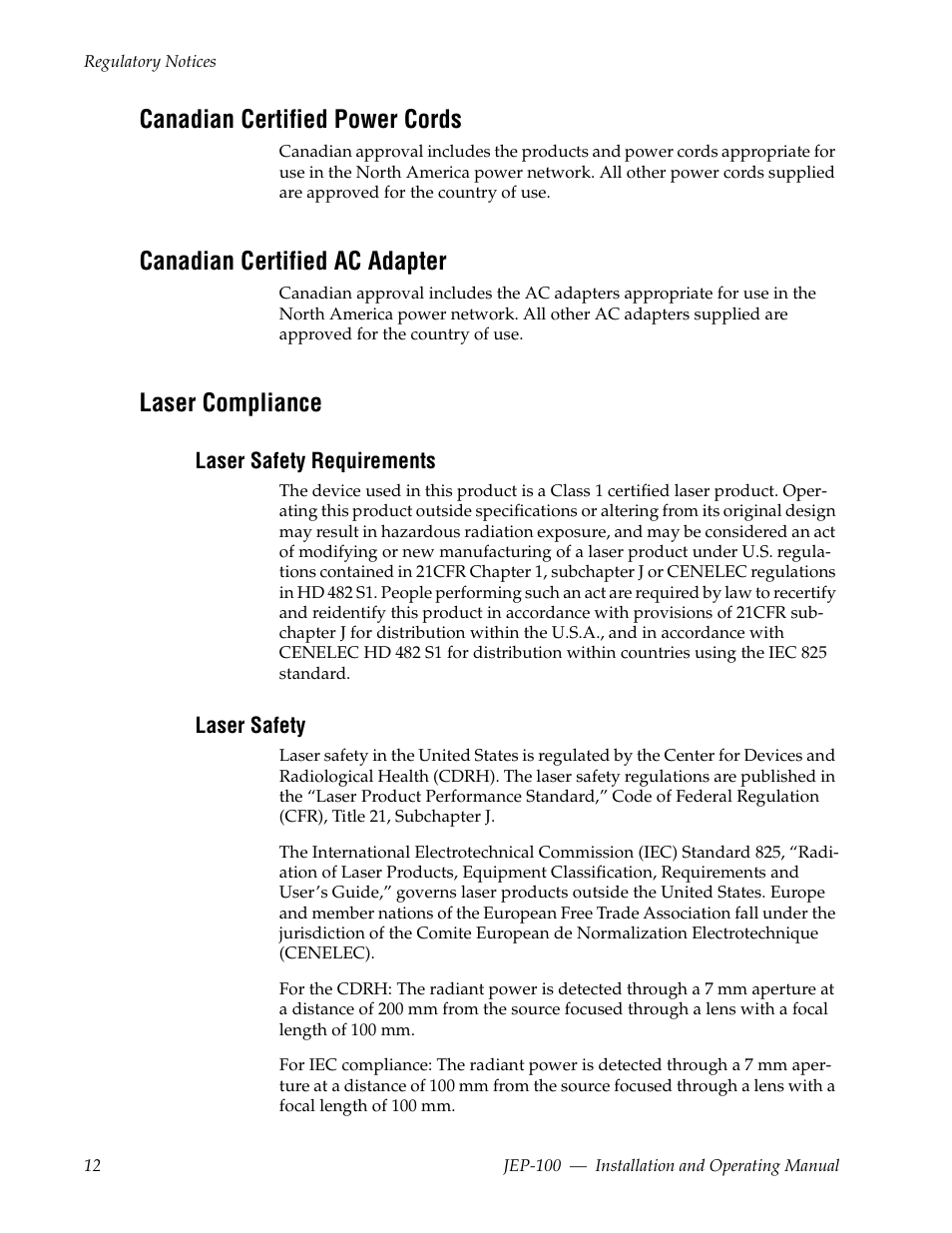 Canadian certified power cords, Canadian certified ac adapter, Laser compliance | Laser safety requirements, Laser safety | Grass Valley JEP-100 v.1.2.0 User Manual | Page 14 / 80