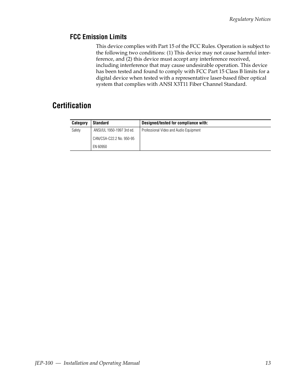 Fcc emission limits, Certification | Grass Valley JEP-100 v.1.2.0 User Manual | Page 15 / 80