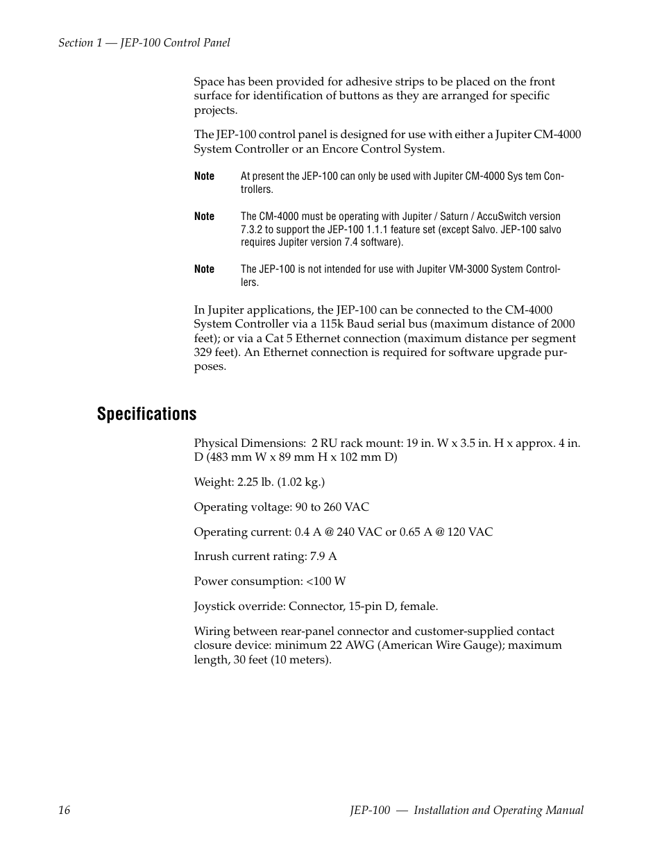 Specifications | Grass Valley JEP-100 v.1.2.0 User Manual | Page 18 / 80