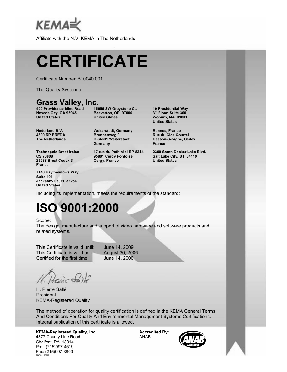 Certificate, Grass valley, inc | Grass Valley JEP-100 v.1.2.0 User Manual | Page 2 / 80