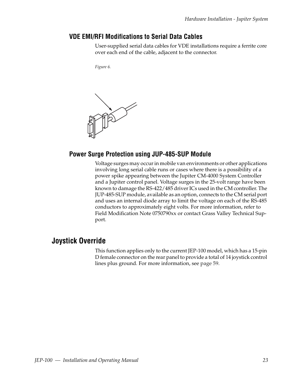 Vde emi/rfi modifications to serial data cables, Power surge protection using jup-485-sup module, Joystick override | Grass Valley JEP-100 v.1.2.0 User Manual | Page 25 / 80