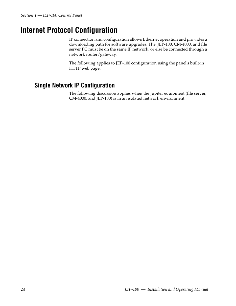 Internet protocol configuration, Single network ip configuration | Grass Valley JEP-100 v.1.2.0 User Manual | Page 26 / 80