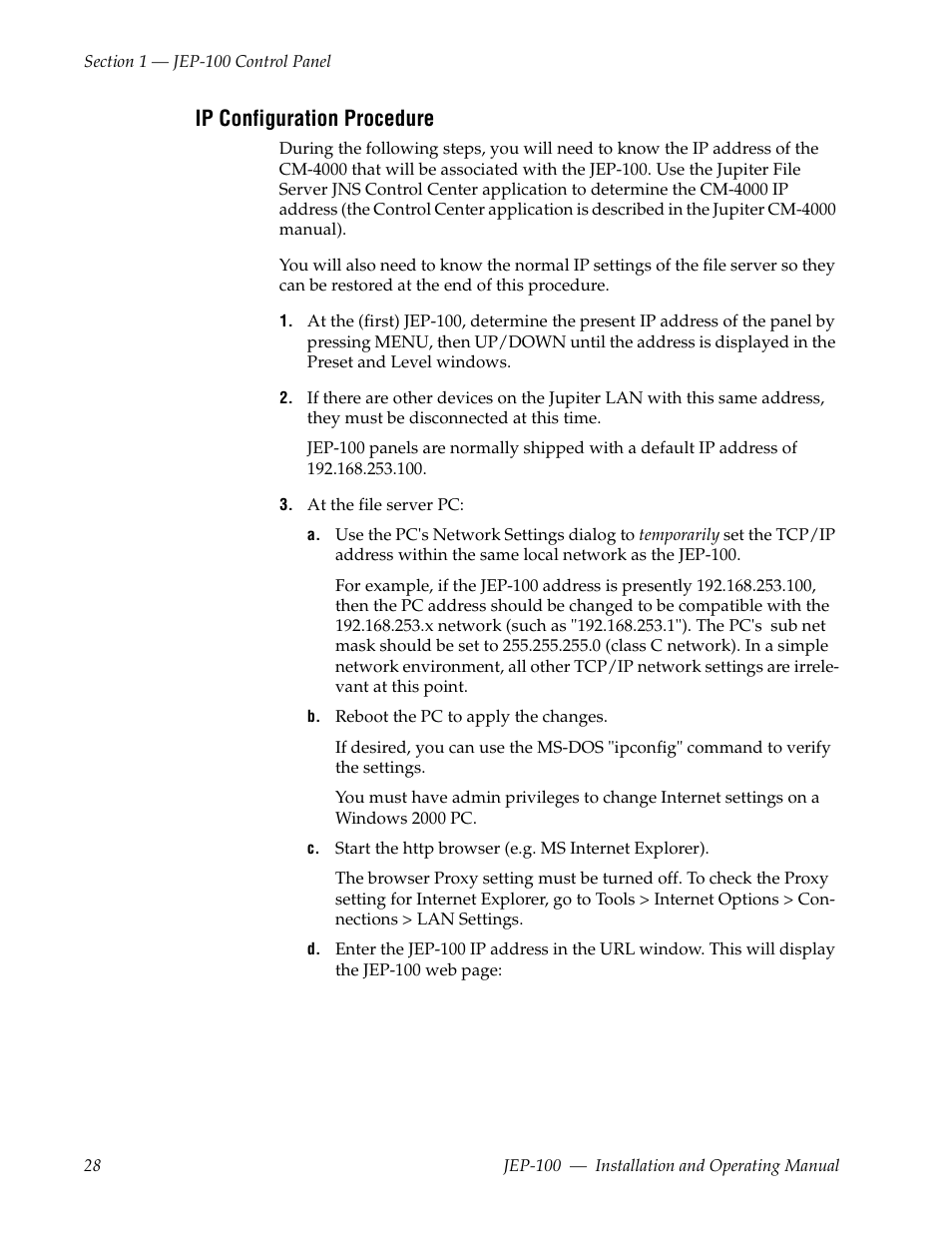 Ip configuration procedure | Grass Valley JEP-100 v.1.2.0 User Manual | Page 30 / 80