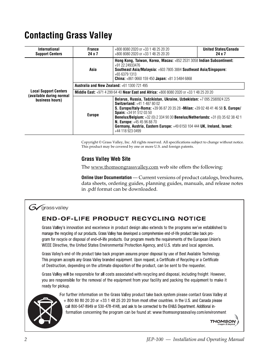 Contacting grass valley | Grass Valley JEP-100 v.1.2.0 User Manual | Page 4 / 80
