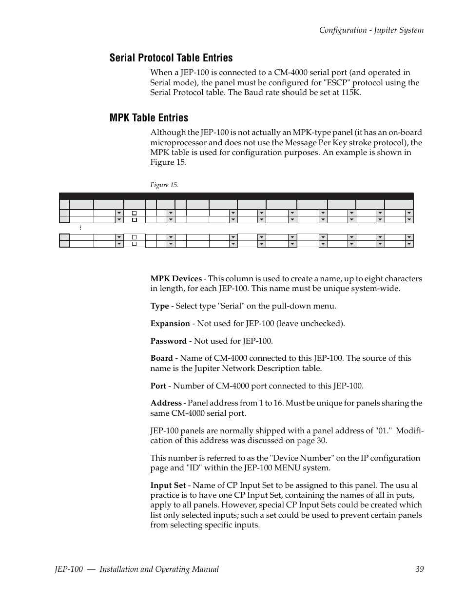 Serial protocol table entries, Mpk table entries | Grass Valley JEP-100 v.1.2.0 User Manual | Page 41 / 80