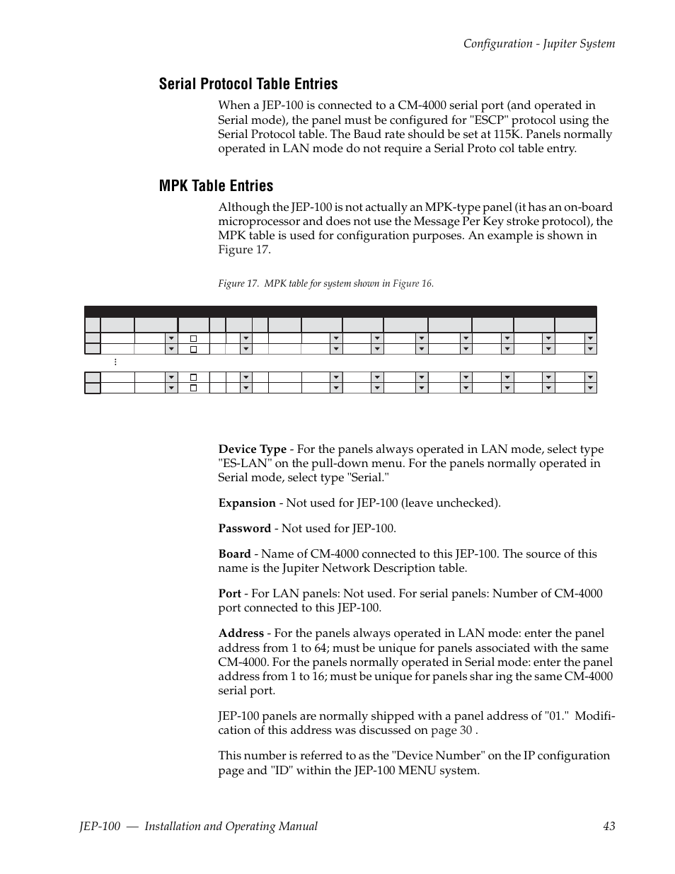Serial protocol table entries, Mpk table entries, Figure 17. mpk table for system shown in figure 16 | Grass Valley JEP-100 v.1.2.0 User Manual | Page 45 / 80