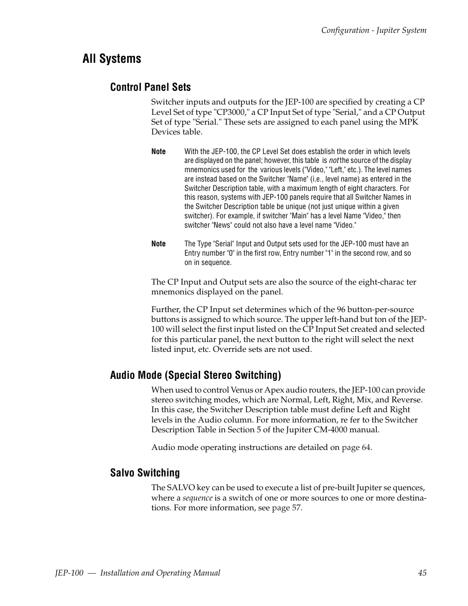 All systems, Control panel sets, Audio mode (special stereo switching) | Salvo switching | Grass Valley JEP-100 v.1.2.0 User Manual | Page 47 / 80