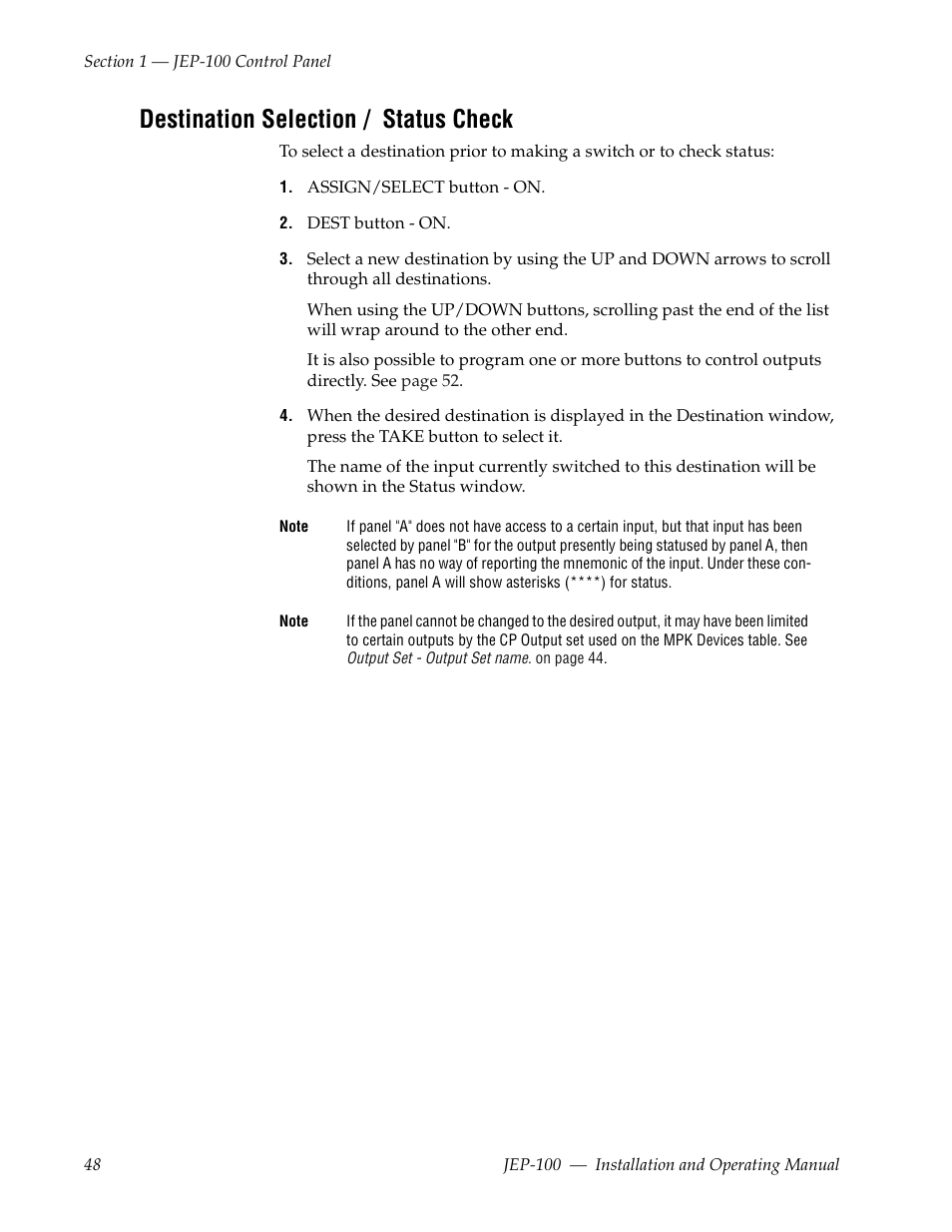 Destination selection / status check | Grass Valley JEP-100 v.1.2.0 User Manual | Page 50 / 80