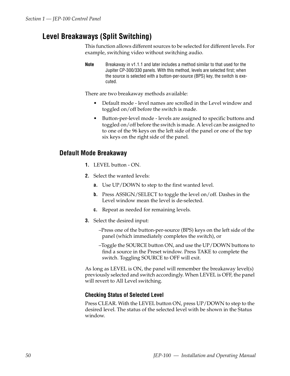 Level breakaways (split switching), Default mode breakaway | Grass Valley JEP-100 v.1.2.0 User Manual | Page 52 / 80