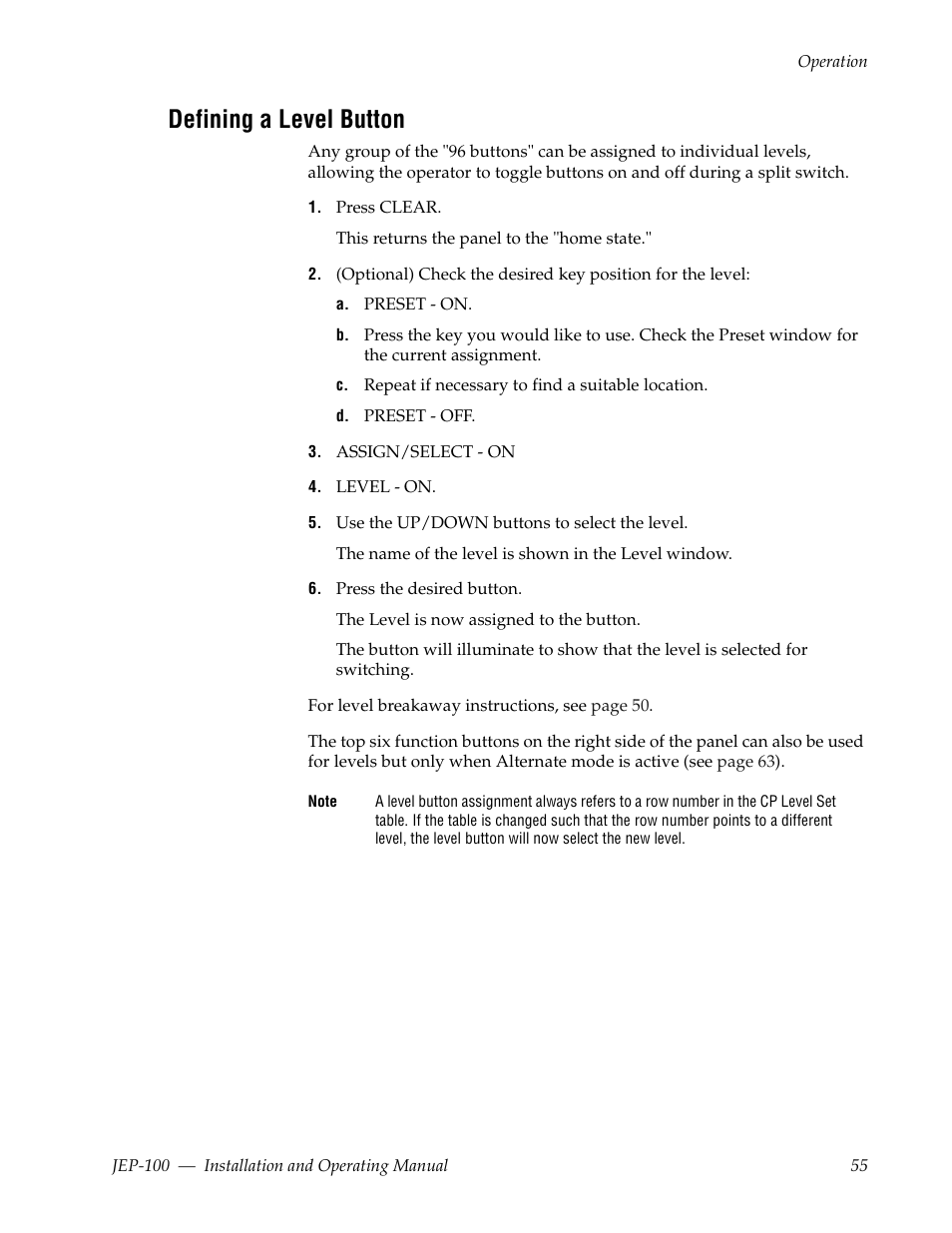 Defining a level button | Grass Valley JEP-100 v.1.2.0 User Manual | Page 57 / 80