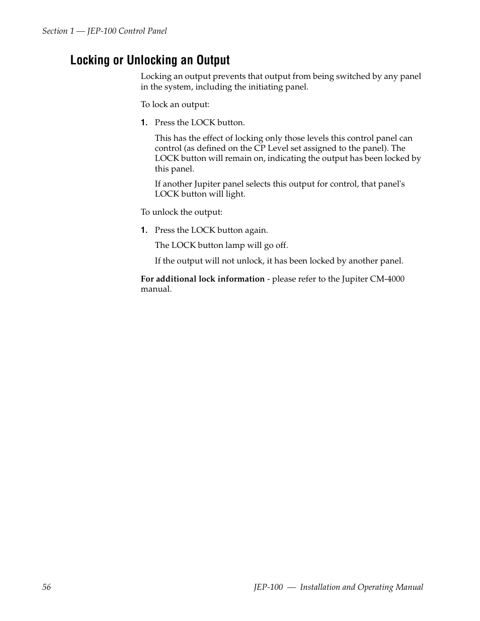 Locking or unlocking an output | Grass Valley JEP-100 v.1.2.0 User Manual | Page 58 / 80