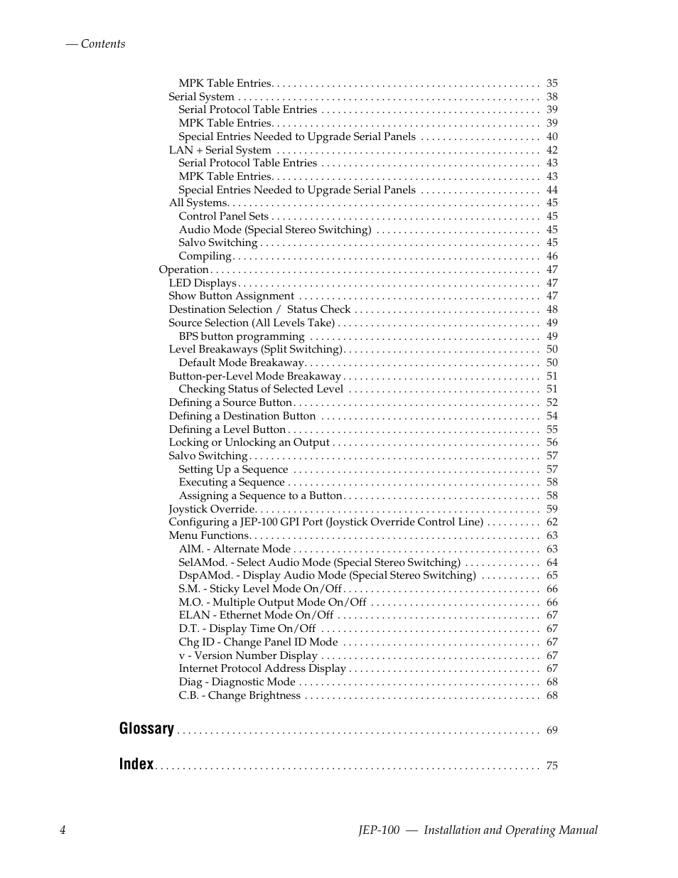 Glossary, Index | Grass Valley JEP-100 v.1.2.0 User Manual | Page 6 / 80
