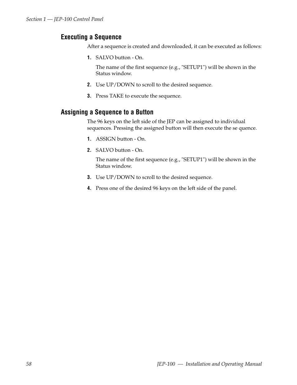 Executing a sequence, Assigning a sequence to a button | Grass Valley JEP-100 v.1.2.0 User Manual | Page 60 / 80