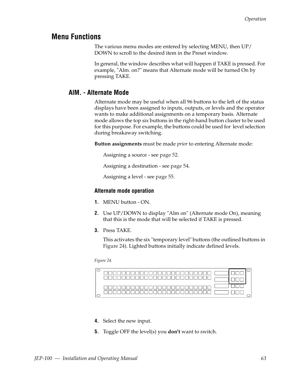 Menu functions, Alm. - alternate mode | Grass Valley JEP-100 v.1.2.0 User Manual | Page 65 / 80