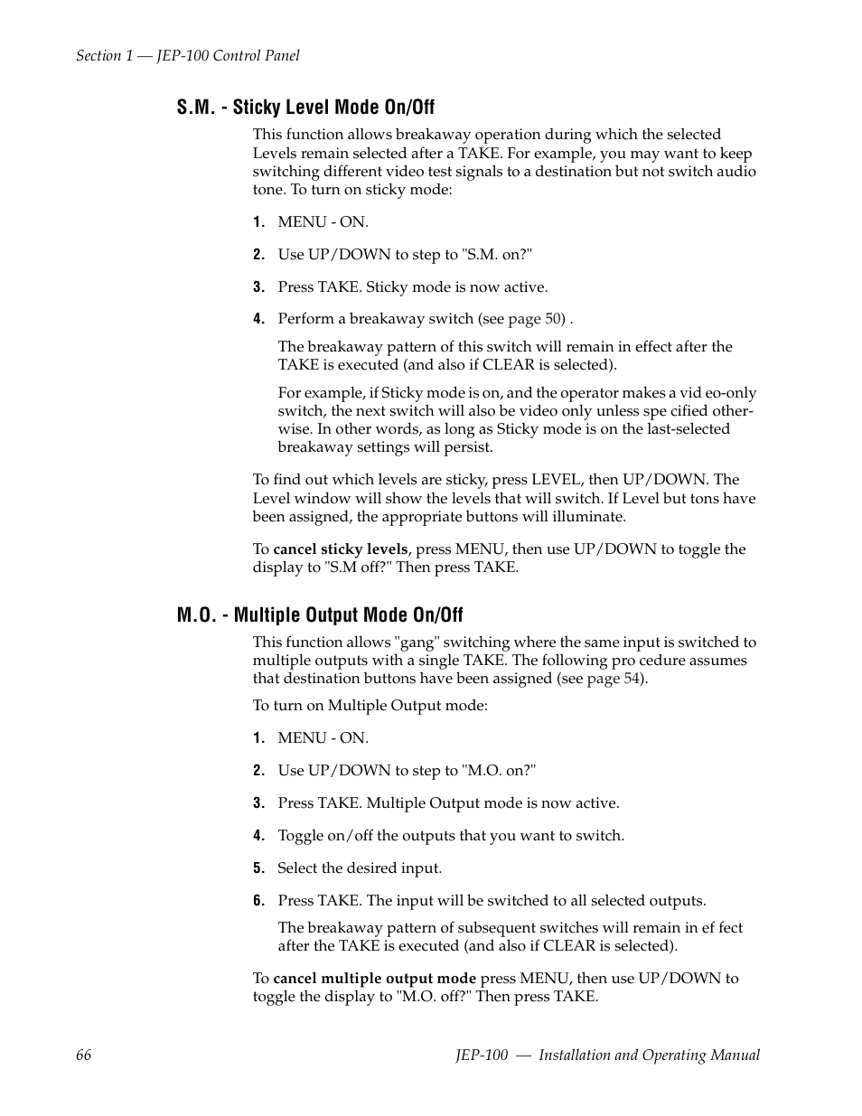 S.m. - sticky level mode on/off, M.o. - multiple output mode on/off | Grass Valley JEP-100 v.1.2.0 User Manual | Page 68 / 80