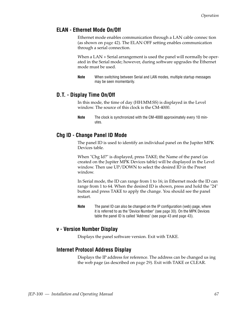 Elan - ethernet mode on/off, D.t. - display time on/off, Chg id - change panel id mode | V - version number display, Internet protocol address display | Grass Valley JEP-100 v.1.2.0 User Manual | Page 69 / 80