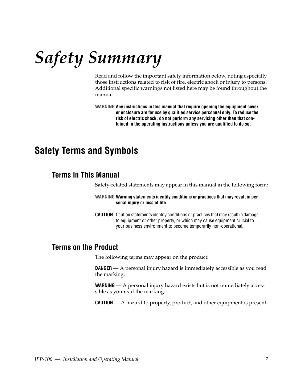 Safety summary, Safety terms and symbols, Terms in this manual | Terms on the product | Grass Valley JEP-100 v.1.2.0 User Manual | Page 9 / 80