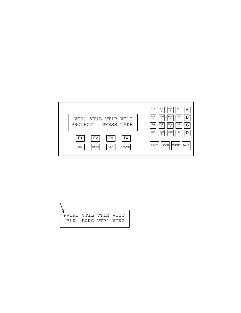 Protect output, To protect an output, Vtr1 vt1l vt1r vt1t protect − press take | Ab c d, F4 f3 f2 f1 | Grass Valley VM 3000 System Controllers v.7.4 User Manual | Page 429 / 787