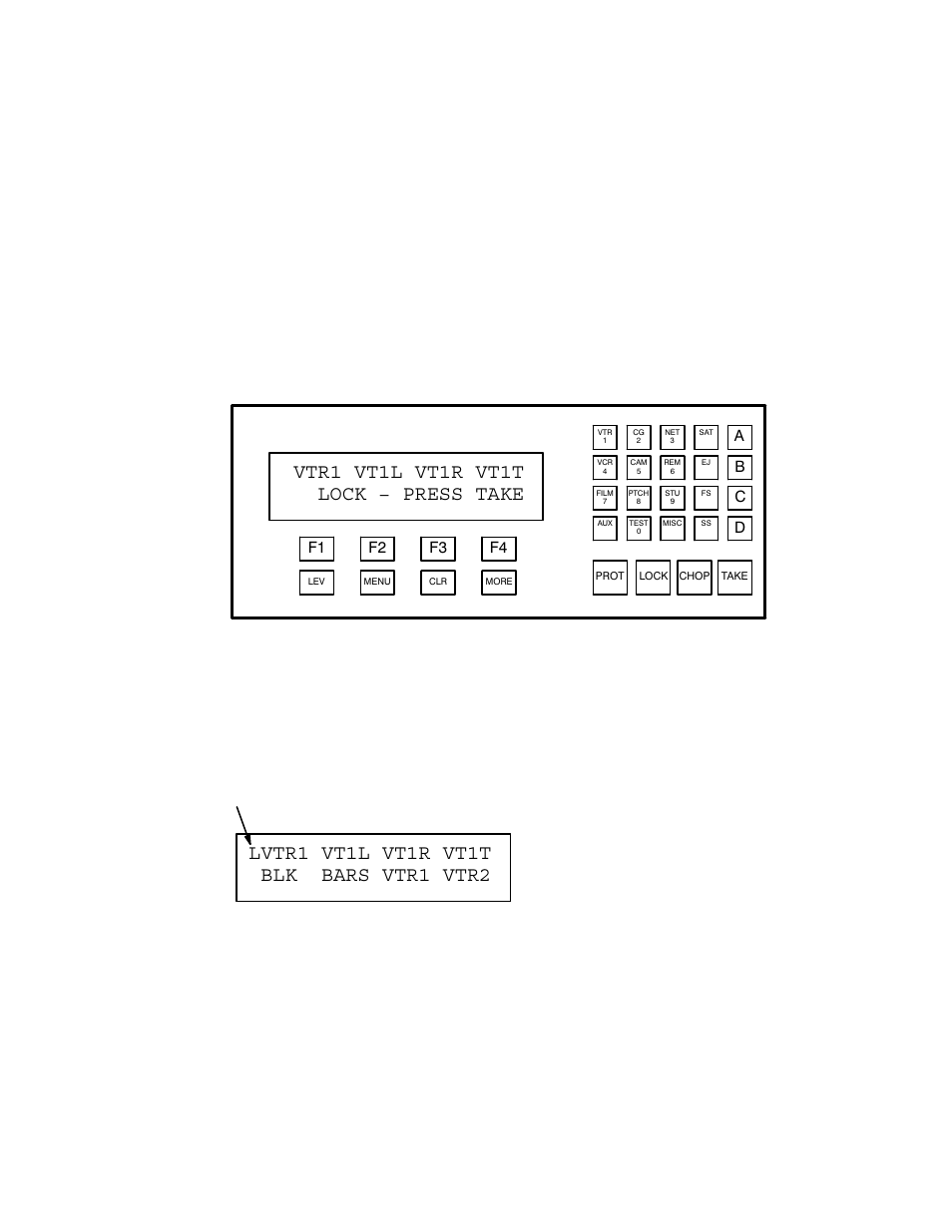 Lock output, To lock an output, To unlock an output | Vtr1 vt1l vt1r vt1t lock − press take, Ab c d, F4 f3 f2 f1 | Grass Valley VM 3000 System Controllers v.7.4 User Manual | Page 431 / 787