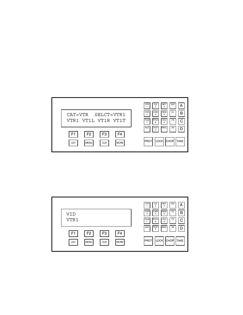 Levels selection (split switching), De−selecting switcher levels, Vid vtr1 | Ab c d, F4 f3 f2 f1 | Grass Valley VM 3000 System Controllers v.7.4 User Manual | Page 434 / 787