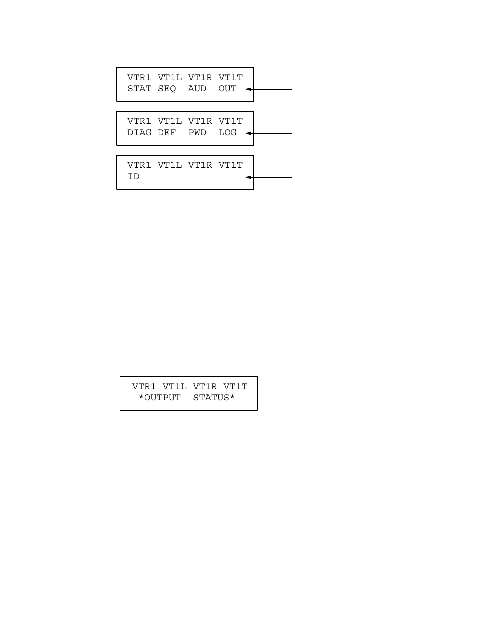 Stat — display output status, Vtr1 vt1l vt1r vt1t id, Vtr1 vt1l vt1r vt1t *output status | Grass Valley VM 3000 System Controllers v.7.4 User Manual | Page 436 / 787
