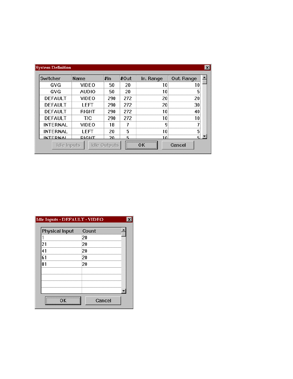 System definition, Setting idle inputs/outputs | Grass Valley VM 3000 System Controllers v.7.4 User Manual | Page 639 / 787