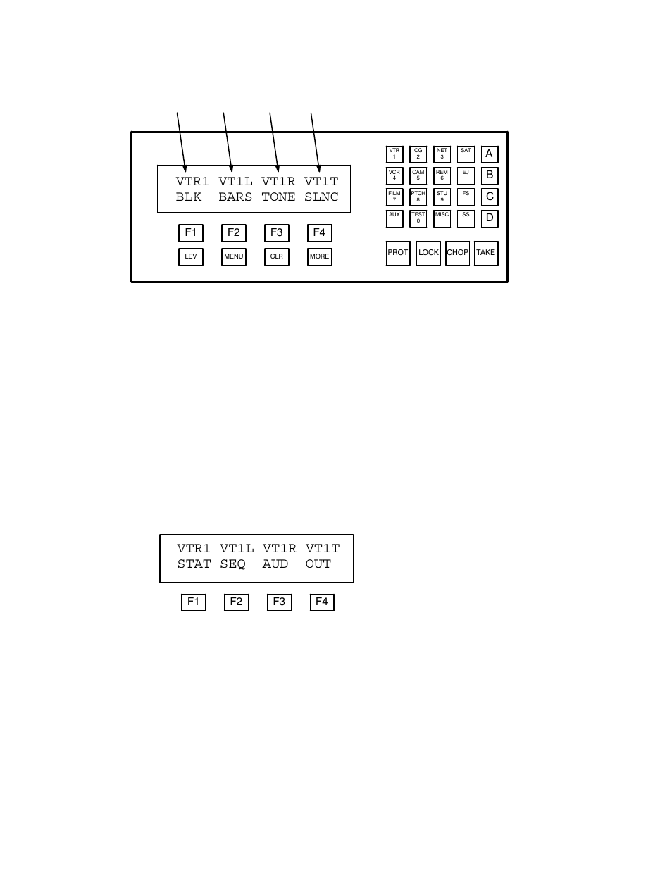 Vtr1 vt1l vt1r vt1t blk bars tone slnc, Vtr1 vt1l vt1r vt1t stat seq aud out, Ab c d | F4 f3 f2 f1 | Grass Valley VM 3000 System Controllers v.7.4 User Manual | Page 704 / 787