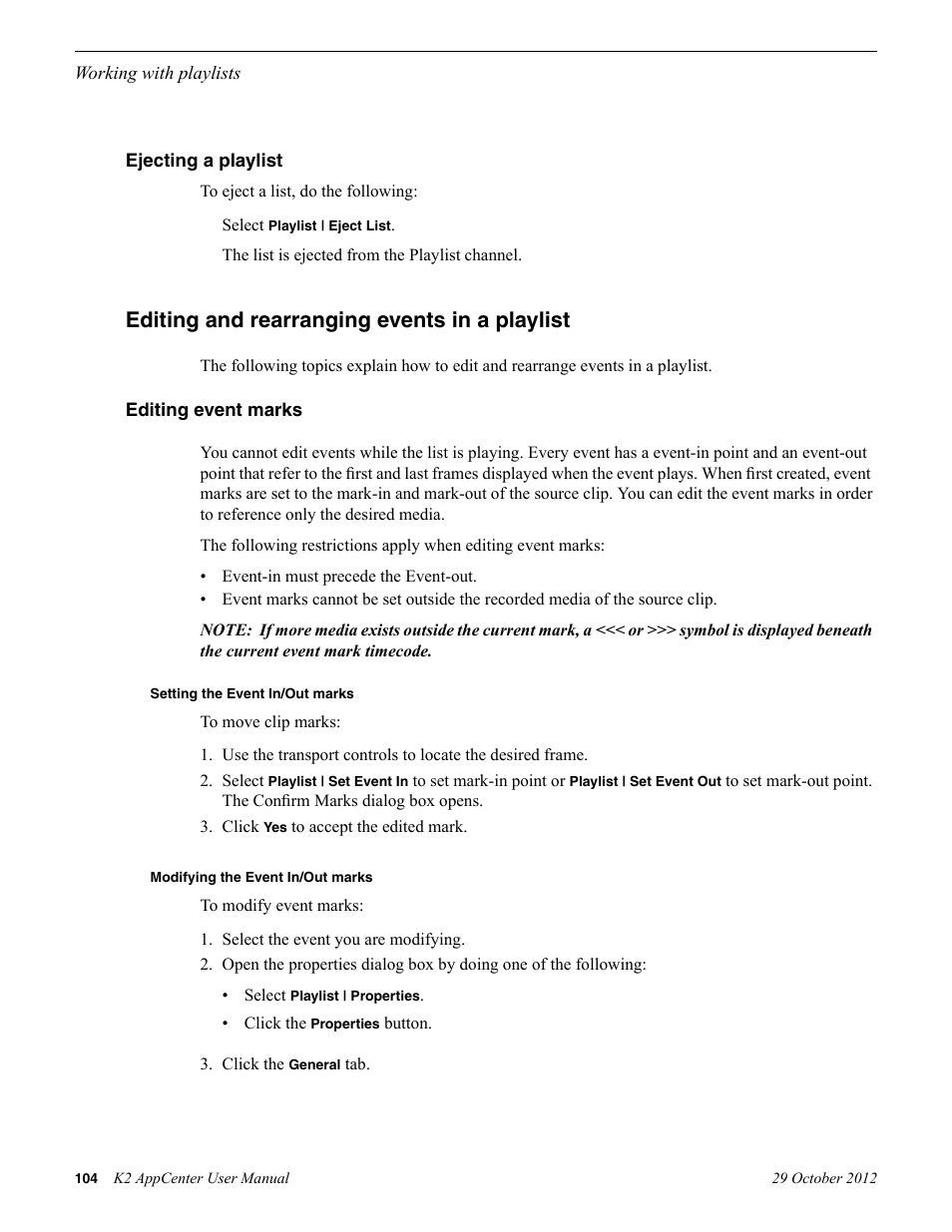 Ejecting a playlist, Editing and rearranging events in a playlist, Editing event marks | Setting the event in/out marks, Modifying the event in/out marks | Grass Valley K2 AppCenter v.9.0 User Manual | Page 104 / 290