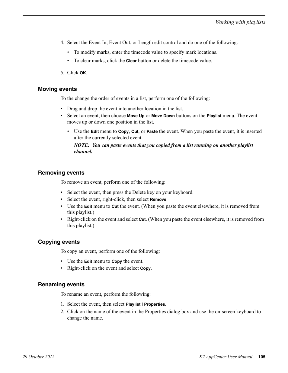 Moving events, Removing events, Copying events | Renaming events | Grass Valley K2 AppCenter v.9.0 User Manual | Page 105 / 290