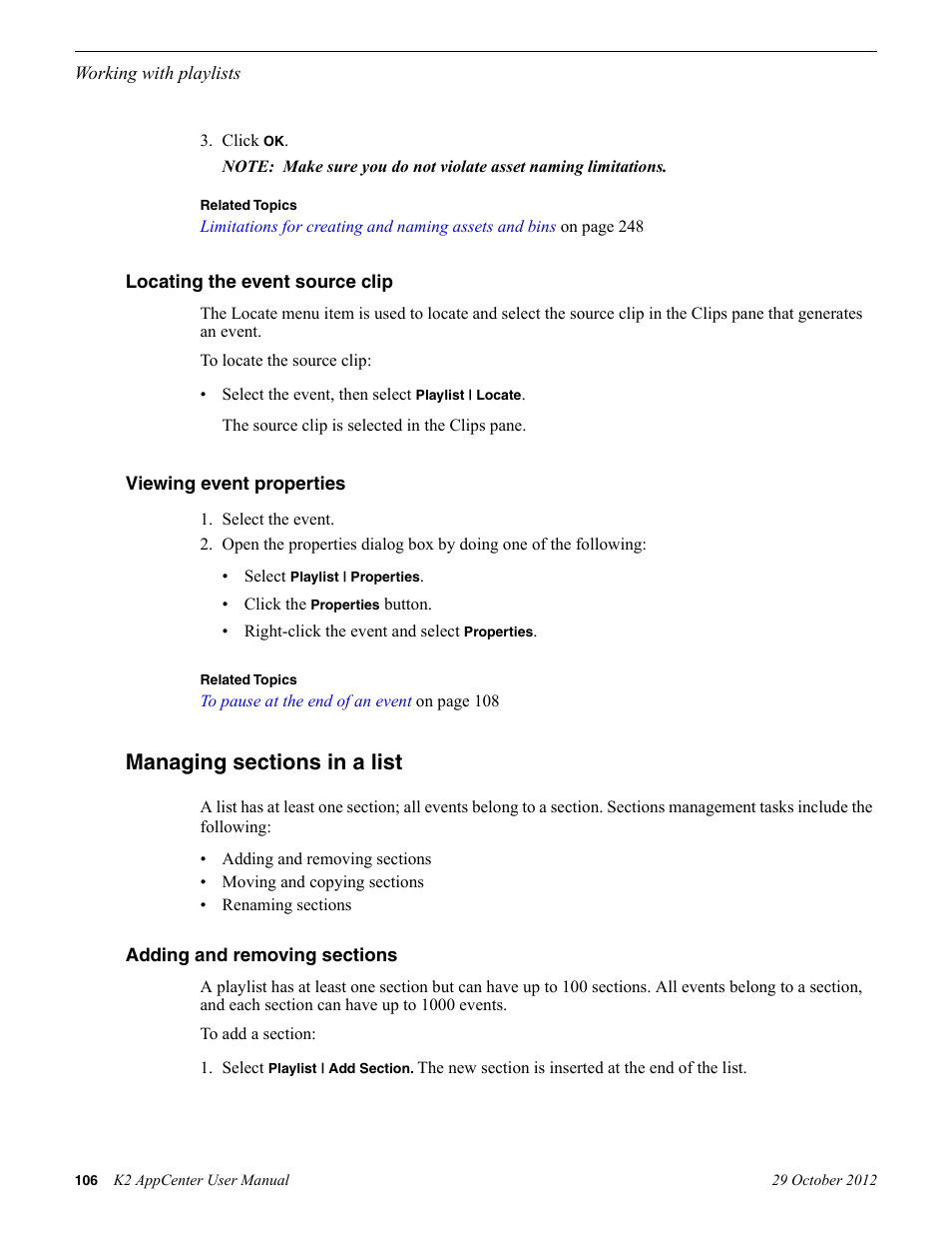 Locating the event source clip, Viewing event properties, Managing sections in a list | Adding and removing sections | Grass Valley K2 AppCenter v.9.0 User Manual | Page 106 / 290