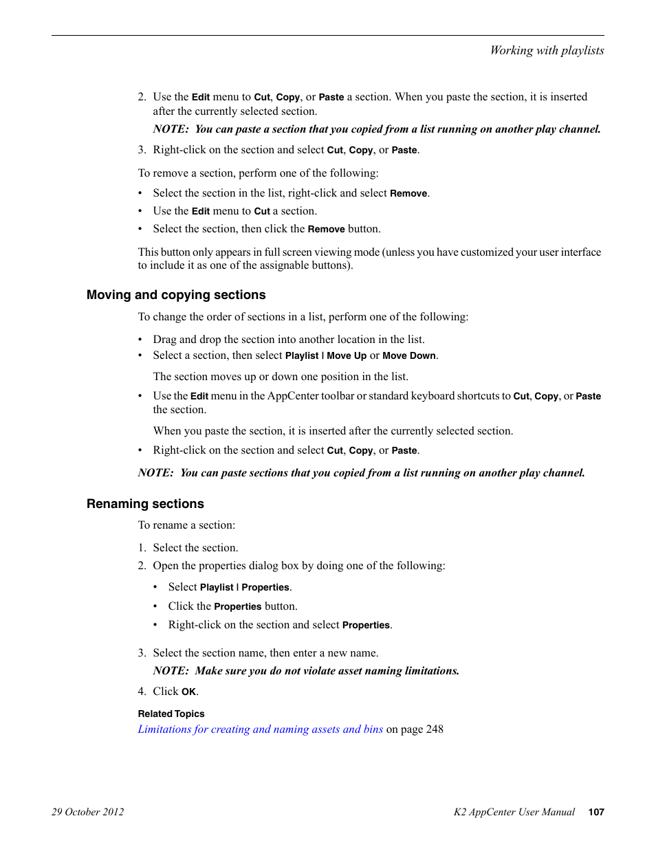 Moving and copying sections, Renaming sections, Moving and copying sections renaming sections | Grass Valley K2 AppCenter v.9.0 User Manual | Page 107 / 290