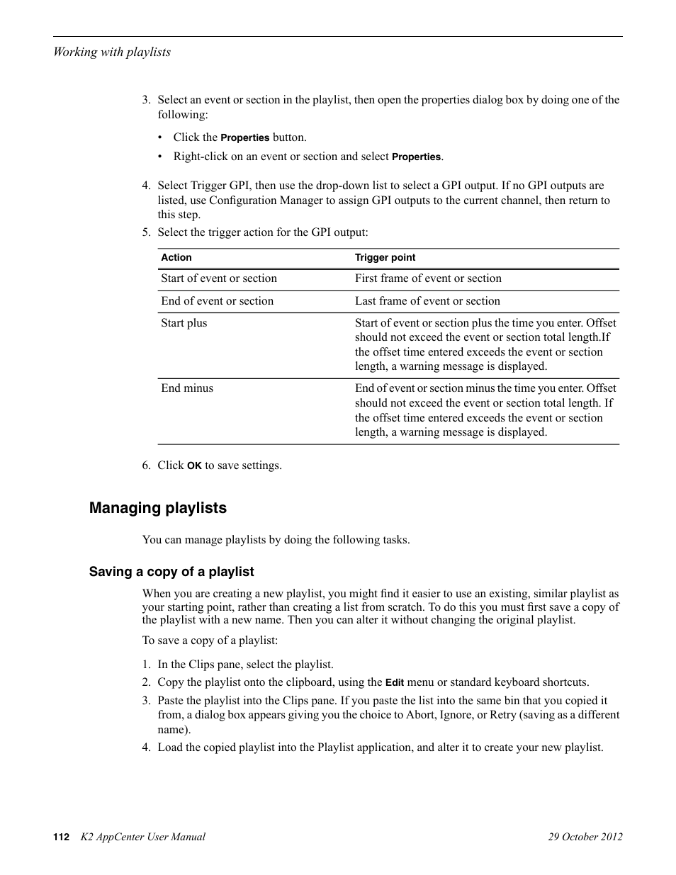 Managing playlists, Saving a copy of a playlist | Grass Valley K2 AppCenter v.9.0 User Manual | Page 112 / 290